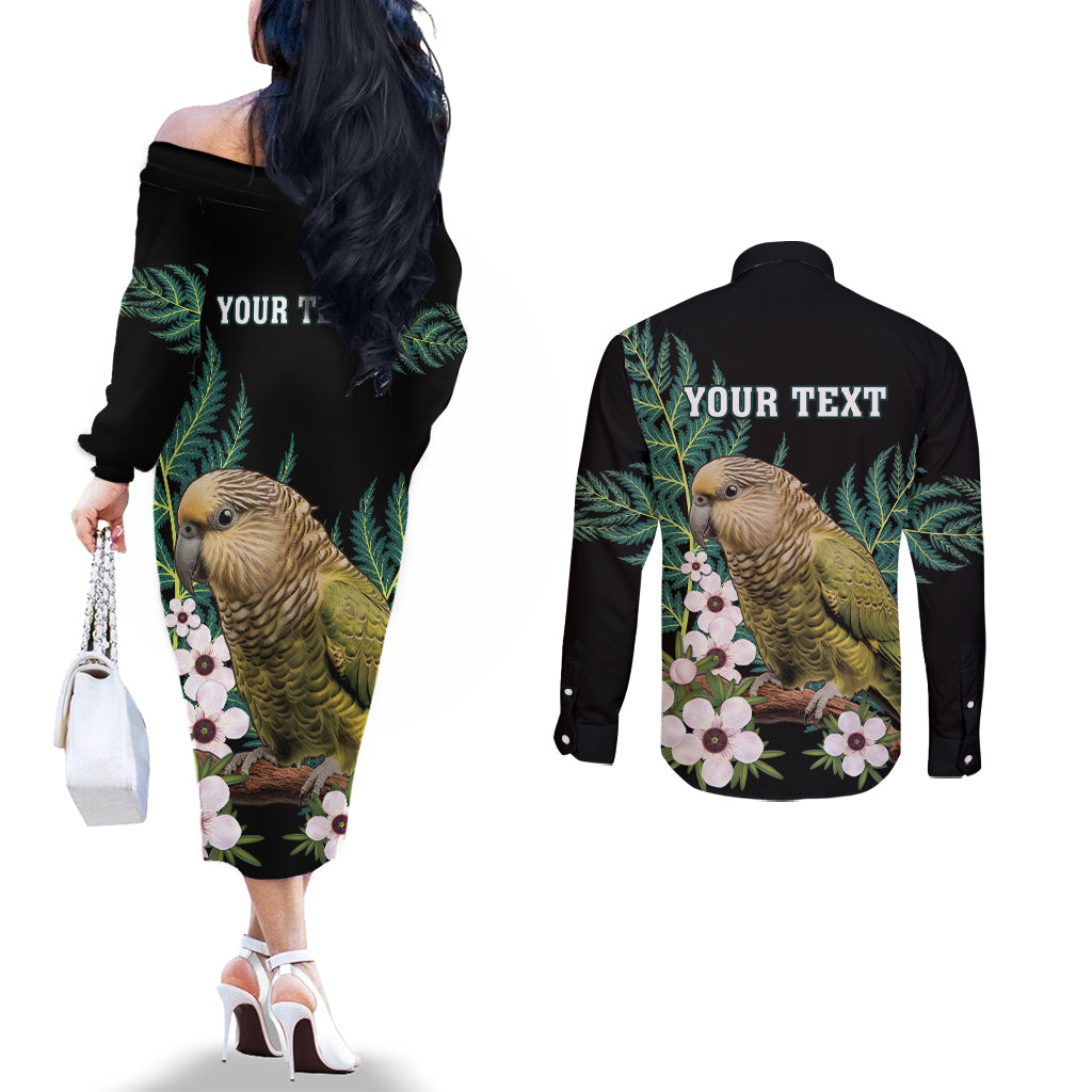 Personalised New Zealand Kakapo Couples Matching Off The Shoulder Long Sleeve Dress and Long Sleeve Button Shirt Aotearoa Fern With Manuka LT14 - Polynesian Pride