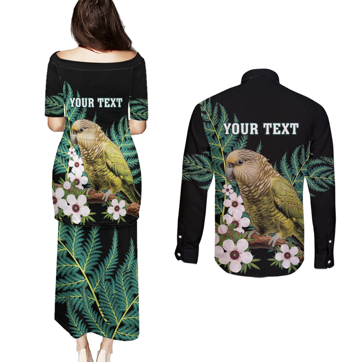 Personalised New Zealand Kakapo Couples Matching Puletasi and Long Sleeve Button Shirt Aotearoa Fern With Manuka