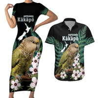 Personalised New Zealand Kakapo Couples Matching Short Sleeve Bodycon Dress and Hawaiian Shirt Aotearoa Fern With Manuka LT14 Black - Polynesian Pride
