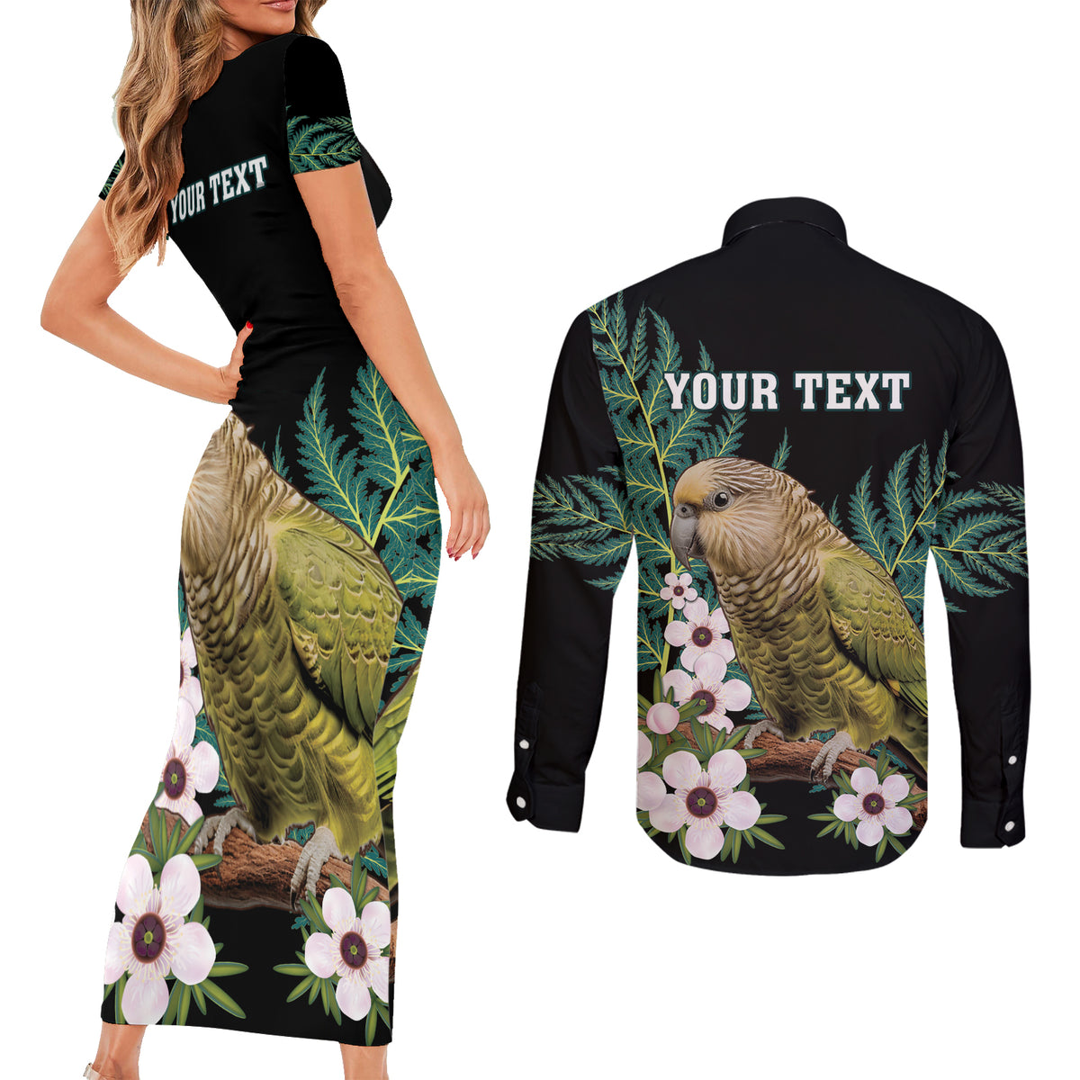 Personalised New Zealand Kakapo Couples Matching Short Sleeve Bodycon Dress and Long Sleeve Button Shirt Aotearoa Fern With Manuka LT14 - Polynesian Pride