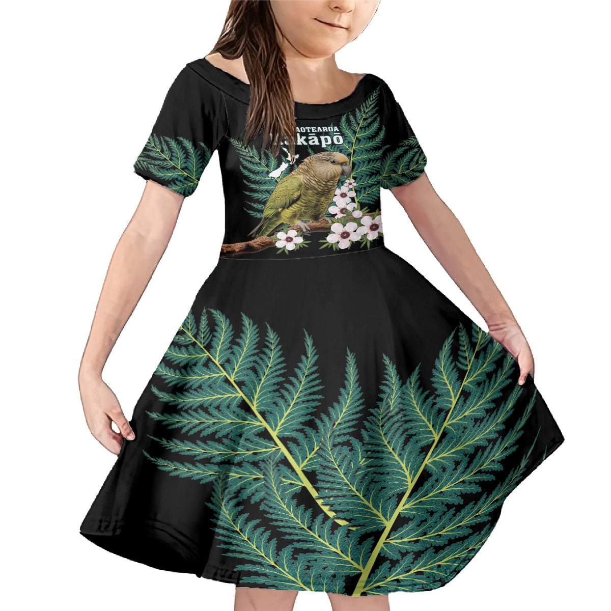 Personalised New Zealand Kakapo Family Matching Mermaid Dress and Hawaiian Shirt Aotearoa Fern With Manuka LT14 Daughter's Dress Black - Polynesian Pride