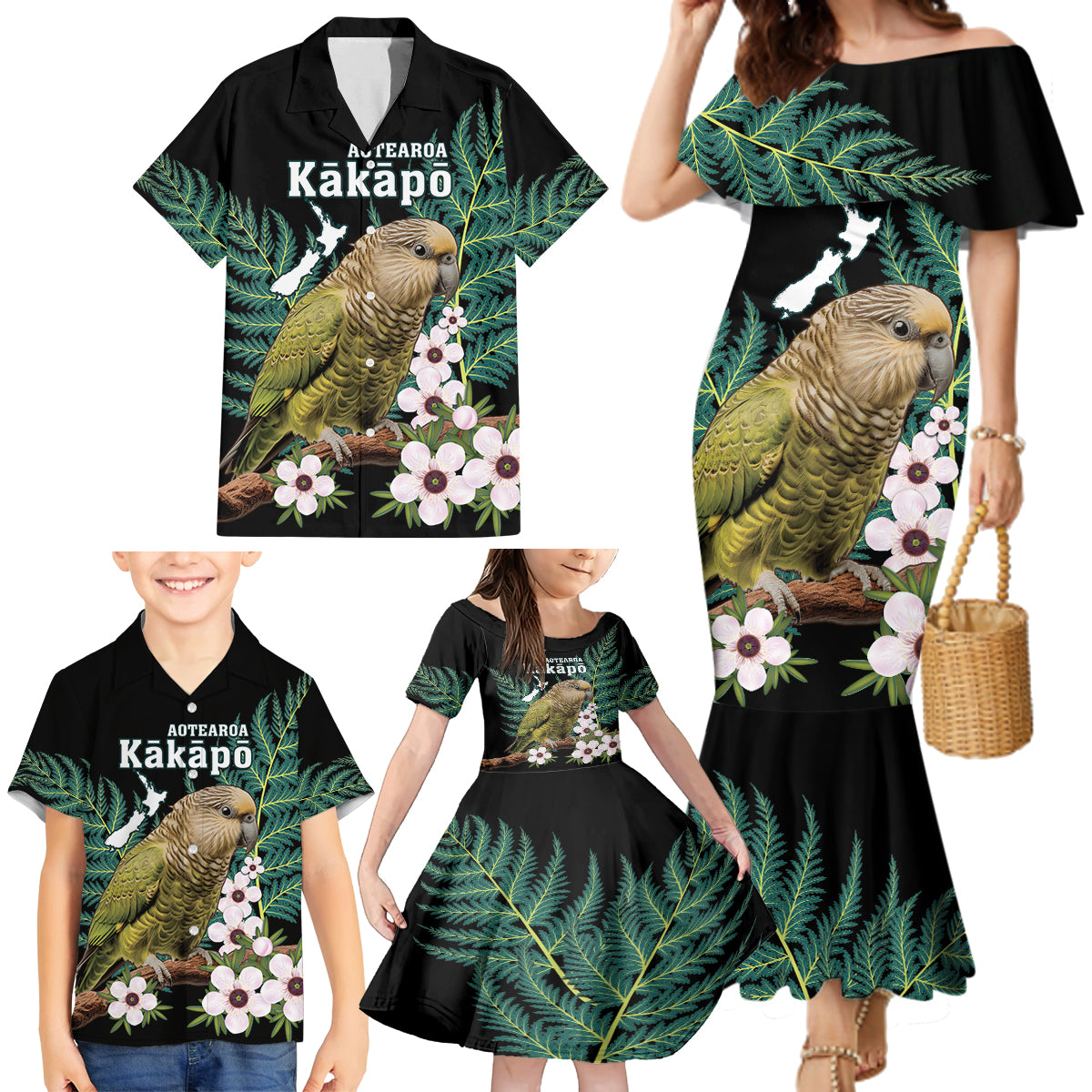 Personalised New Zealand Kakapo Family Matching Mermaid Dress and Hawaiian Shirt Aotearoa Fern With Manuka LT14 - Polynesian Pride