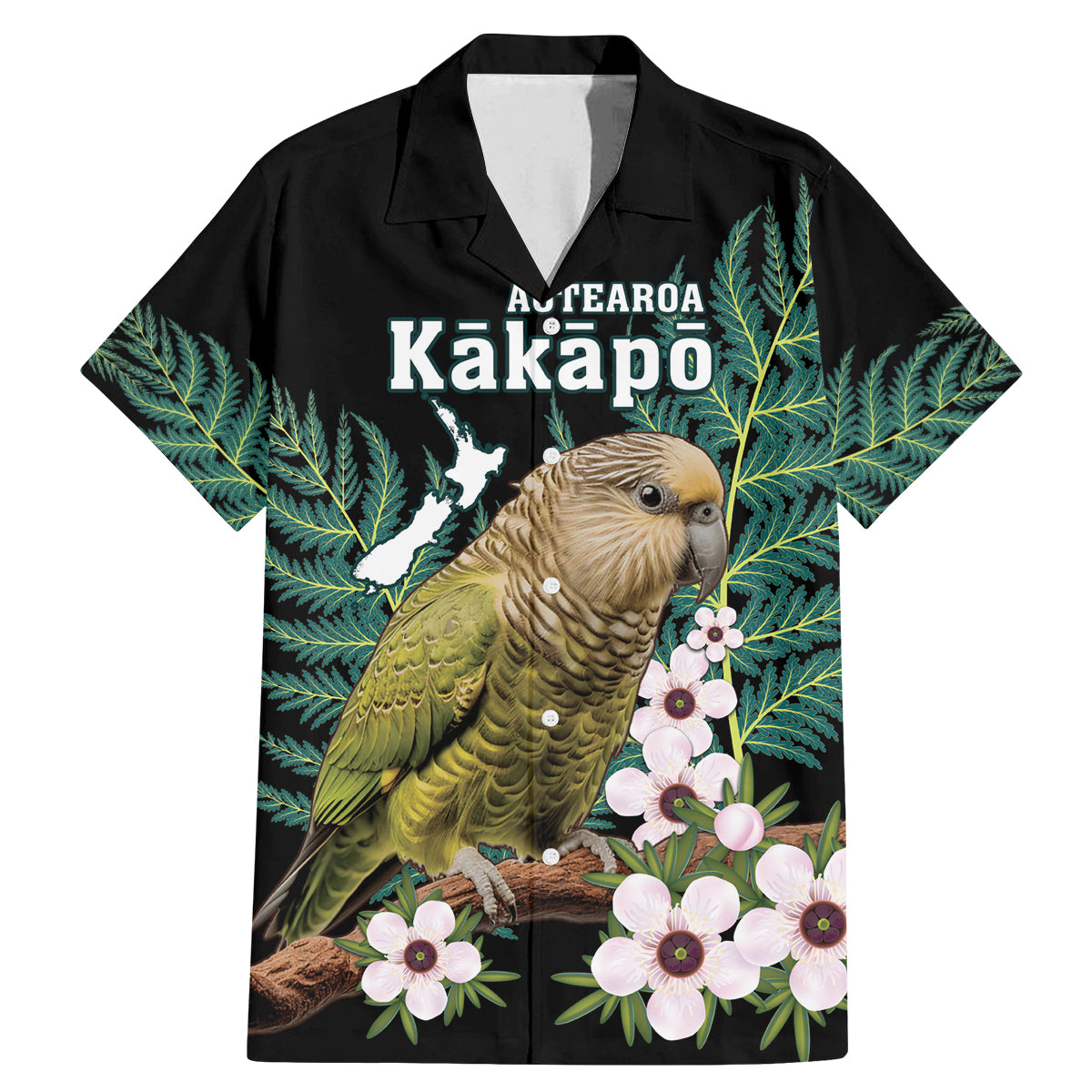 Personalised New Zealand Kakapo Family Matching Mermaid Dress and Hawaiian Shirt Aotearoa Fern With Manuka LT14 Dad's Shirt - Short Sleeve Black - Polynesian Pride