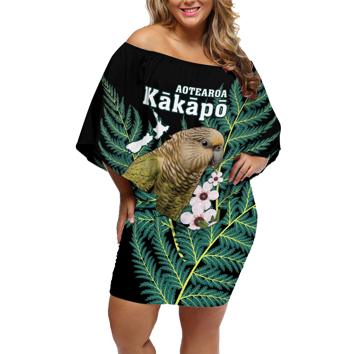 Personalised New Zealand Kakapo Family Matching Off Shoulder Short Dress and Hawaiian Shirt Aotearoa Fern With Manuka