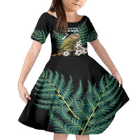 Personalised New Zealand Kakapo Family Matching Puletasi and Hawaiian Shirt Aotearoa Fern With Manuka LT14 Daughter's Dress Black - Polynesian Pride