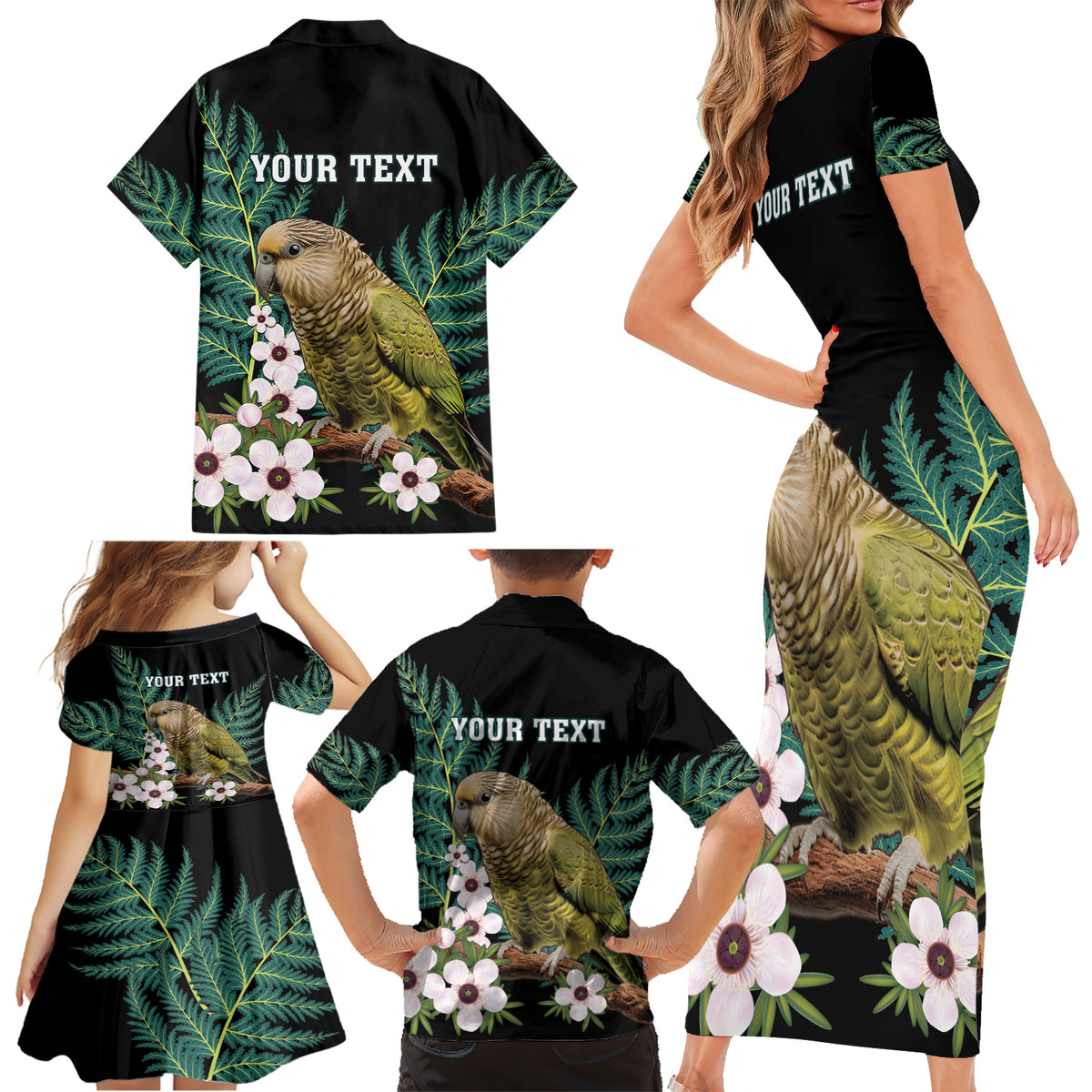Personalised New Zealand Kakapo Family Matching Short Sleeve Bodycon Dress and Hawaiian Shirt Aotearoa Fern With Manuka LT14 - Polynesian Pride
