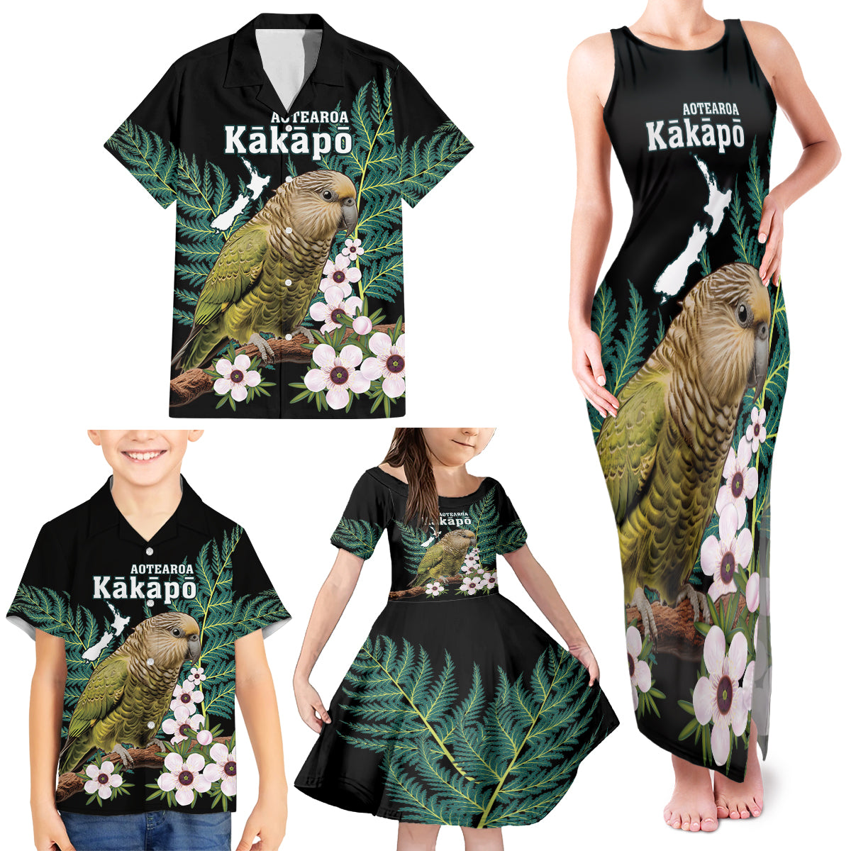 Personalised New Zealand Kakapo Family Matching Tank Maxi Dress and Hawaiian Shirt Aotearoa Fern With Manuka