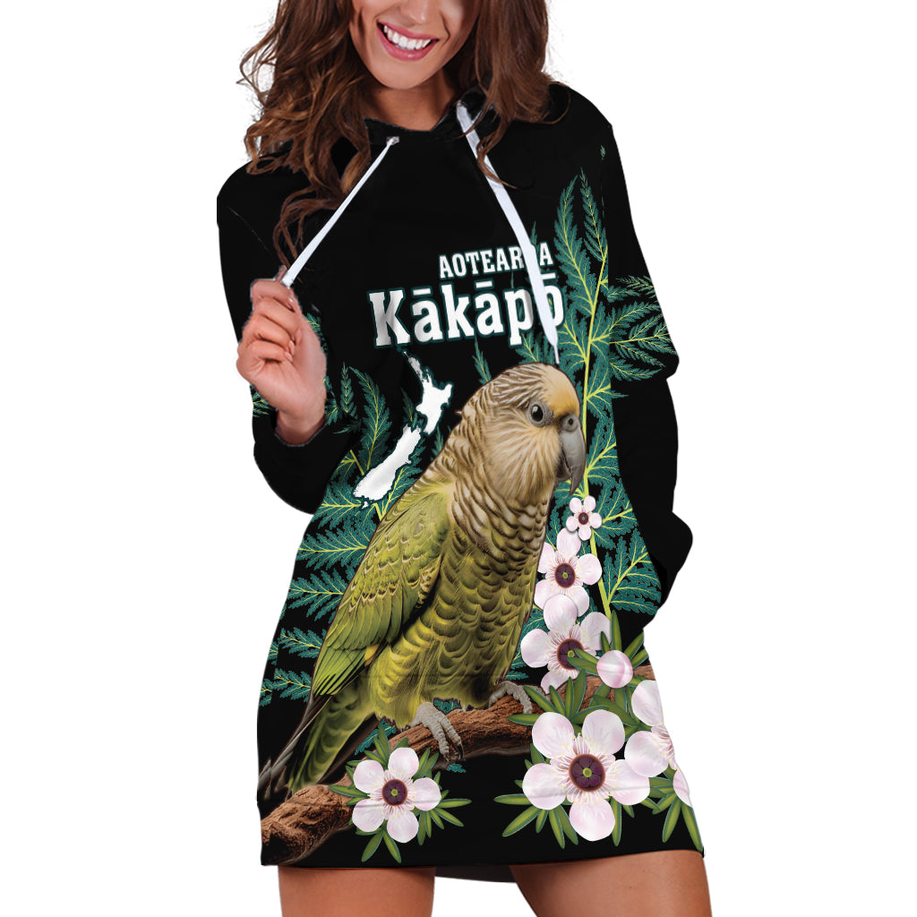 Personalised New Zealand Kakapo Hoodie Dress Aotearoa Fern With Manuka LT14 Black - Polynesian Pride