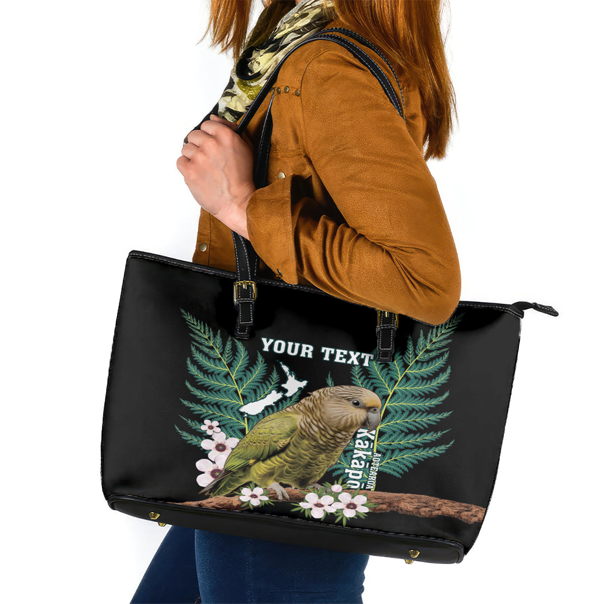 Personalised New Zealand Kakapo Leather Tote Bag Aotearoa Fern With Manuka