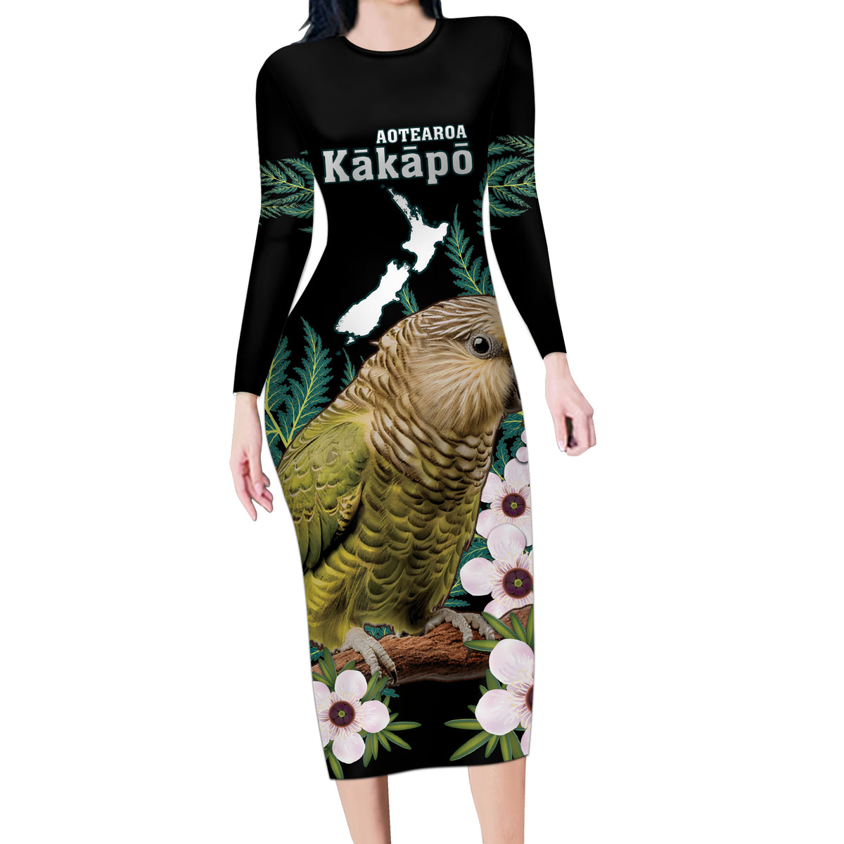 Personalised New Zealand Kakapo Long Sleeve Bodycon Dress Aotearoa Fern With Manuka LT14 Long Dress Black - Polynesian Pride