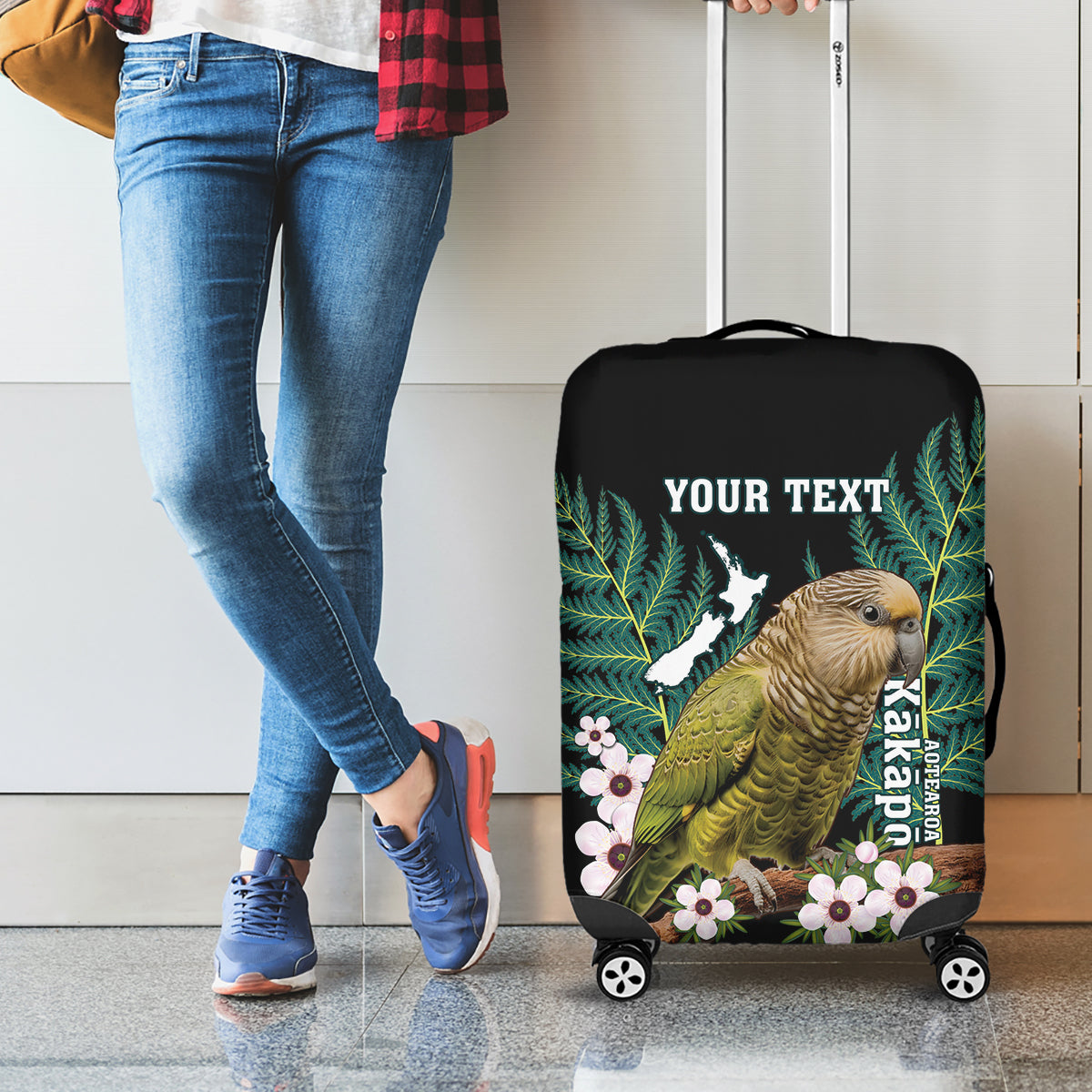 Personalised New Zealand Kakapo Luggage Cover Aotearoa Fern With Manuka