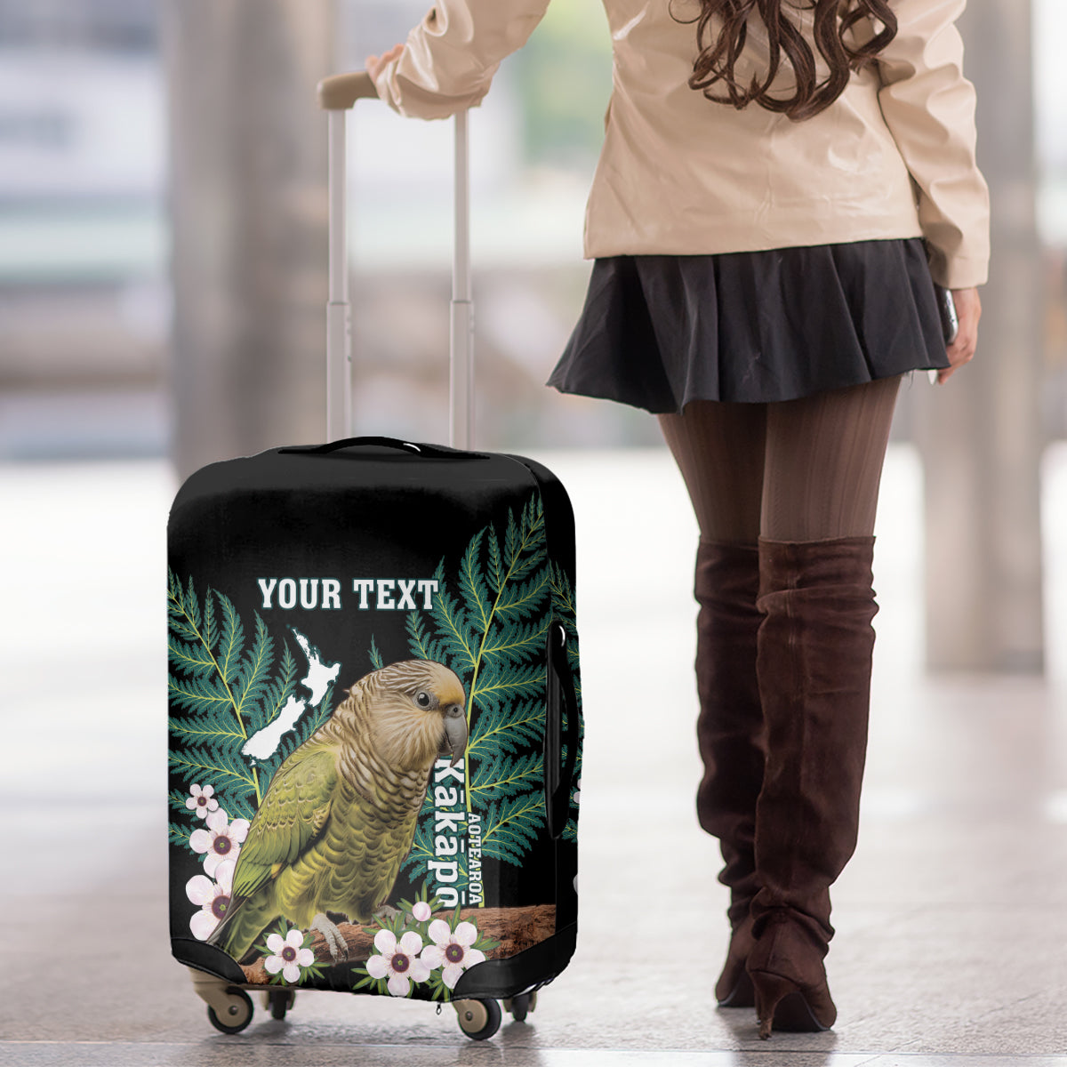 Personalised New Zealand Kakapo Luggage Cover Aotearoa Fern With Manuka