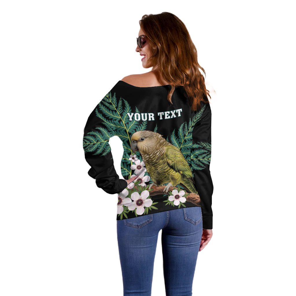 Personalised New Zealand Kakapo Off Shoulder Sweater Aotearoa Fern With Manuka