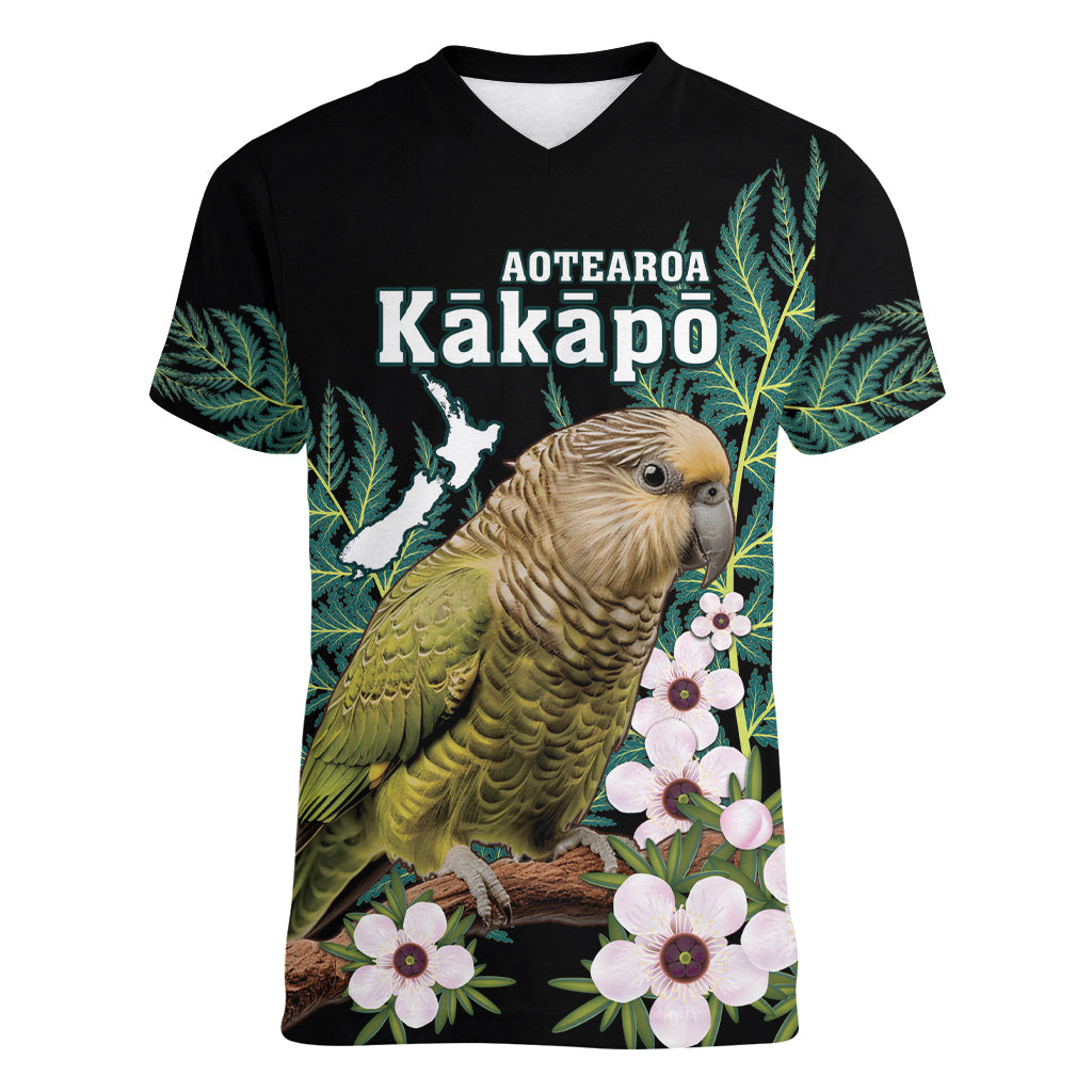 Personalised New Zealand Kakapo Women V-Neck T-Shirt Aotearoa Fern With Manuka