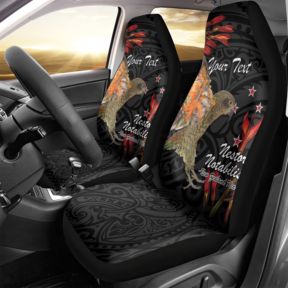 Personalised New Zealand Kea Car Seat Cover Nestor Notabilis With Harakeke Maori Pattern