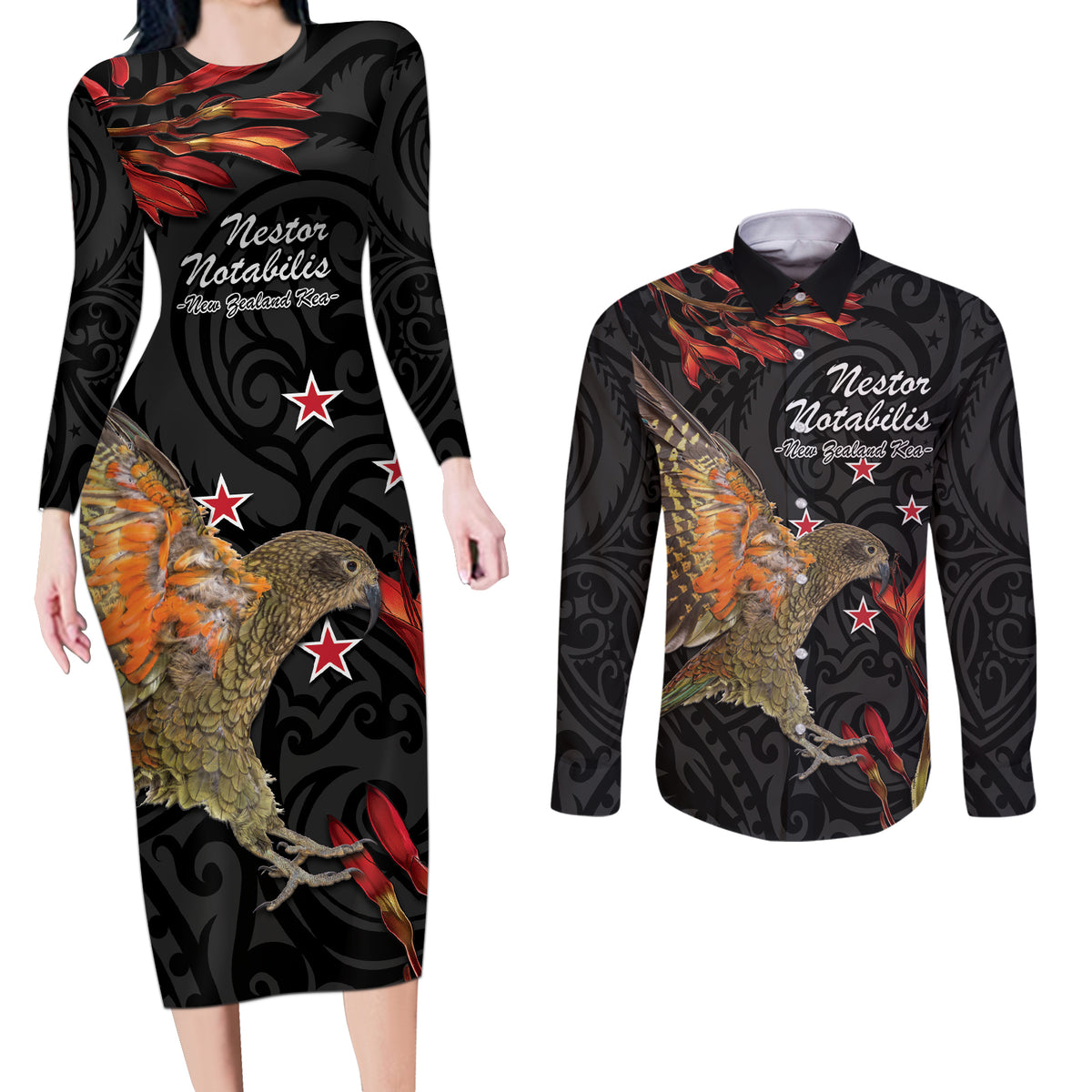 Personalised New Zealand Kea Couples Matching Long Sleeve Bodycon Dress and Long Sleeve Button Shirt Nestor Notabilis With Harakeke Maori Pattern