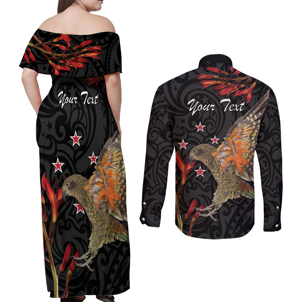 Personalised New Zealand Kea Couples Matching Off Shoulder Maxi Dress and Long Sleeve Button Shirt Nestor Notabilis With Harakeke Maori Pattern