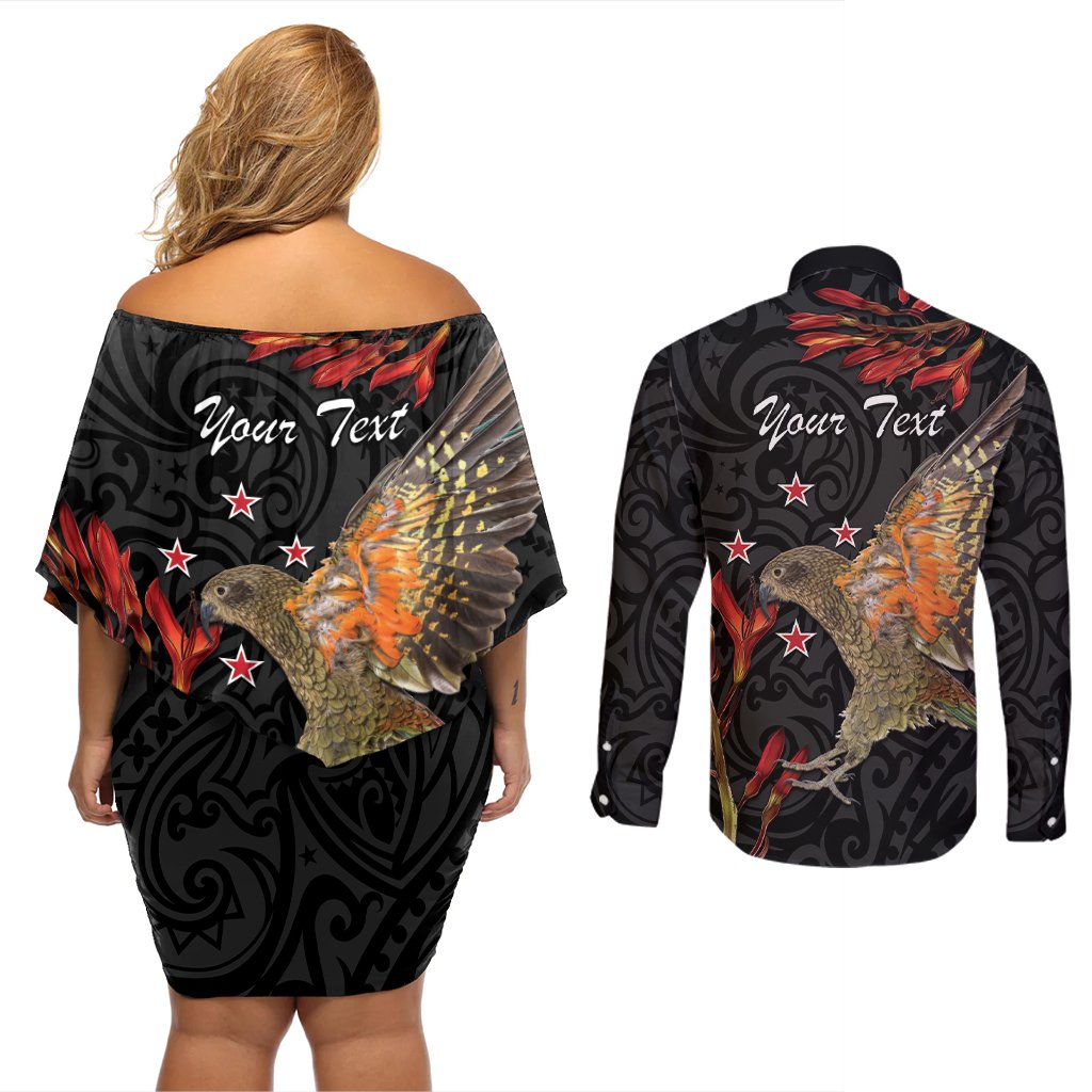 Personalised New Zealand Kea Couples Matching Off Shoulder Short Dress and Long Sleeve Button Shirt Nestor Notabilis With Harakeke Maori Pattern