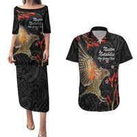 Personalised New Zealand Kea Couples Matching Puletasi and Hawaiian Shirt Nestor Notabilis With Harakeke Maori Pattern LT14 Black - Polynesian Pride