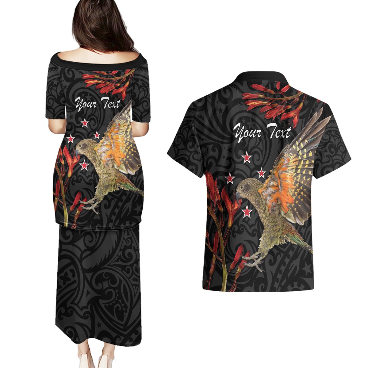 Personalised New Zealand Kea Couples Matching Puletasi and Hawaiian Shirt Nestor Notabilis With Harakeke Maori Pattern LT14 - Polynesian Pride