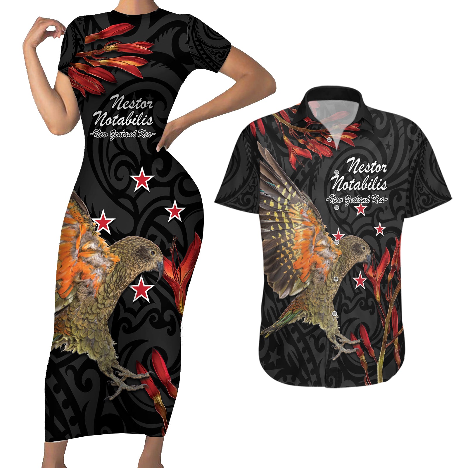 Personalised New Zealand Kea Couples Matching Short Sleeve Bodycon Dress and Hawaiian Shirt Nestor Notabilis With Harakeke Maori Pattern