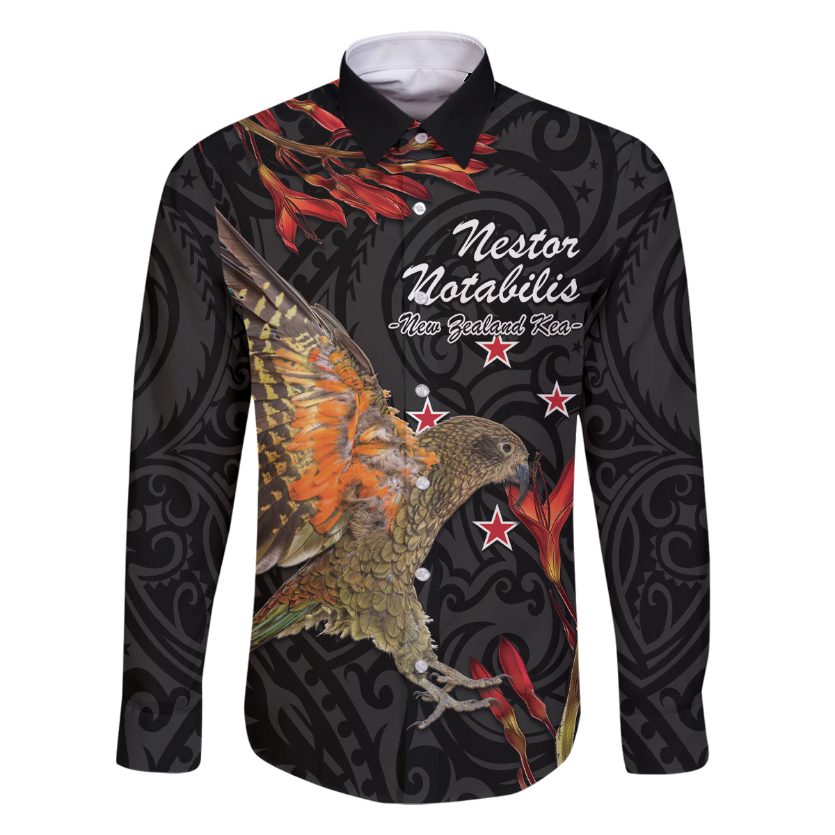 Personalised New Zealand Kea Family Matching Long Sleeve Bodycon Dress and Hawaiian Shirt Nestor Notabilis With Harakeke Maori Pattern LT14 Dad's Shirt - Long Sleeve Black - Polynesian Pride