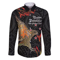 Personalised New Zealand Kea Family Matching Long Sleeve Bodycon Dress and Hawaiian Shirt Nestor Notabilis With Harakeke Maori Pattern LT14 Dad's Shirt - Long Sleeve Black - Polynesian Pride