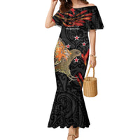 Personalised New Zealand Kea Family Matching Mermaid Dress and Hawaiian Shirt Nestor Notabilis With Harakeke Maori Pattern LT14 Mom's Dress Black - Polynesian Pride
