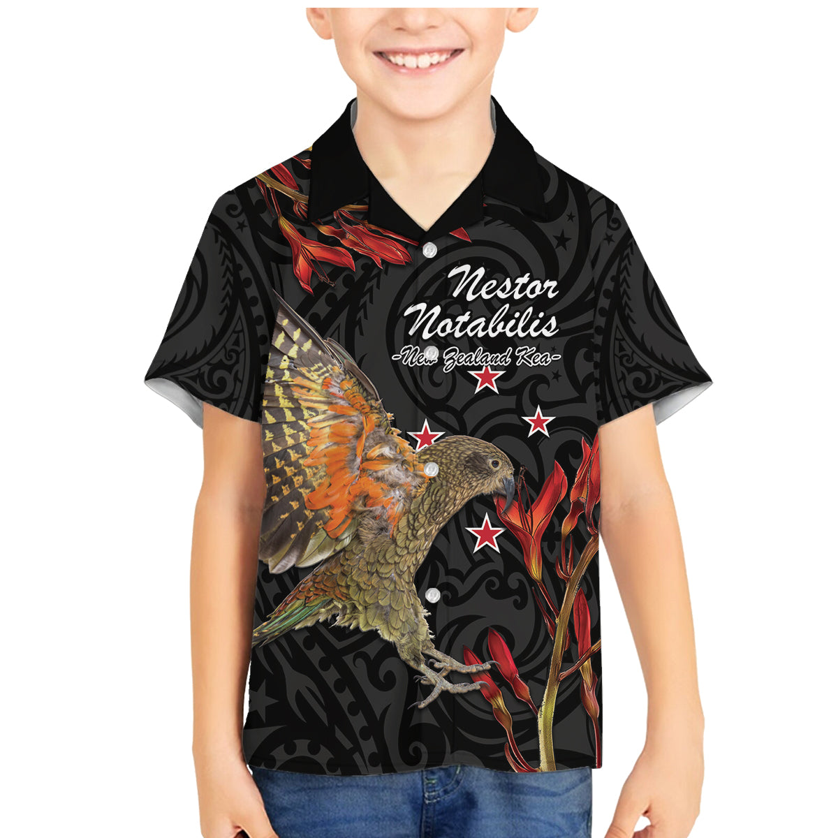 Personalised New Zealand Kea Family Matching Mermaid Dress and Hawaiian Shirt Nestor Notabilis With Harakeke Maori Pattern LT14 Son's Shirt Black - Polynesian Pride