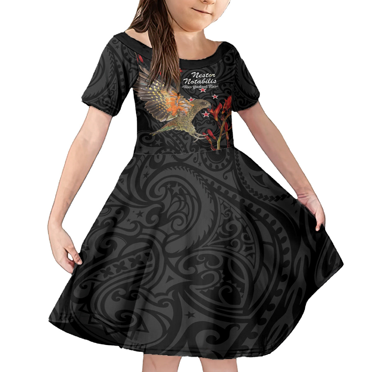 Personalised New Zealand Kea Family Matching Puletasi and Hawaiian Shirt Nestor Notabilis With Harakeke Maori Pattern LT14 Daughter's Dress Black - Polynesian Pride