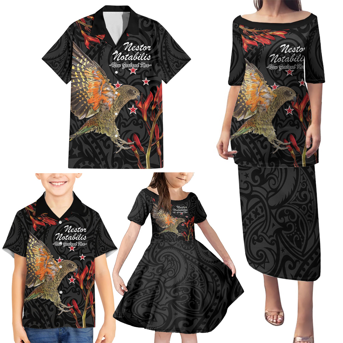 Personalised New Zealand Kea Family Matching Puletasi and Hawaiian Shirt Nestor Notabilis With Harakeke Maori Pattern LT14 - Polynesian Pride