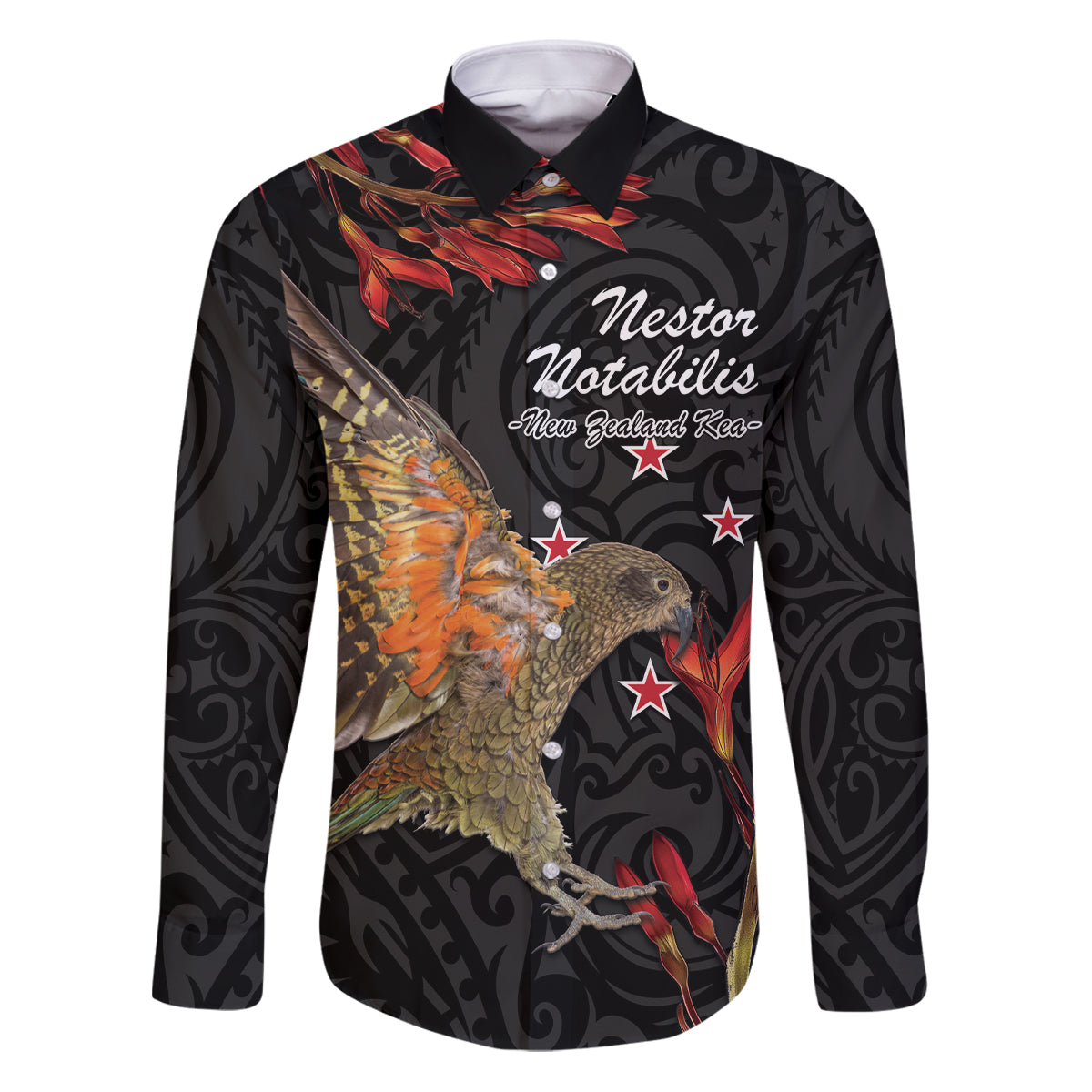 Personalised New Zealand Kea Family Matching Puletasi and Hawaiian Shirt Nestor Notabilis With Harakeke Maori Pattern LT14 Dad's Shirt - Long Sleeve Black - Polynesian Pride