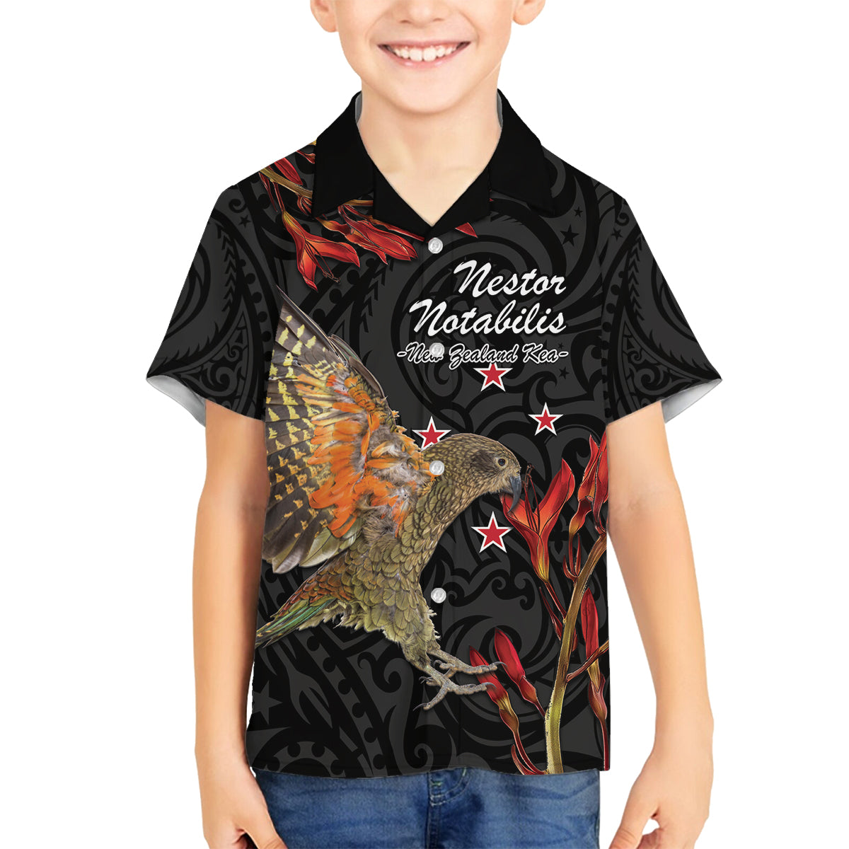 Personalised New Zealand Kea Family Matching Puletasi and Hawaiian Shirt Nestor Notabilis With Harakeke Maori Pattern LT14 Son's Shirt Black - Polynesian Pride