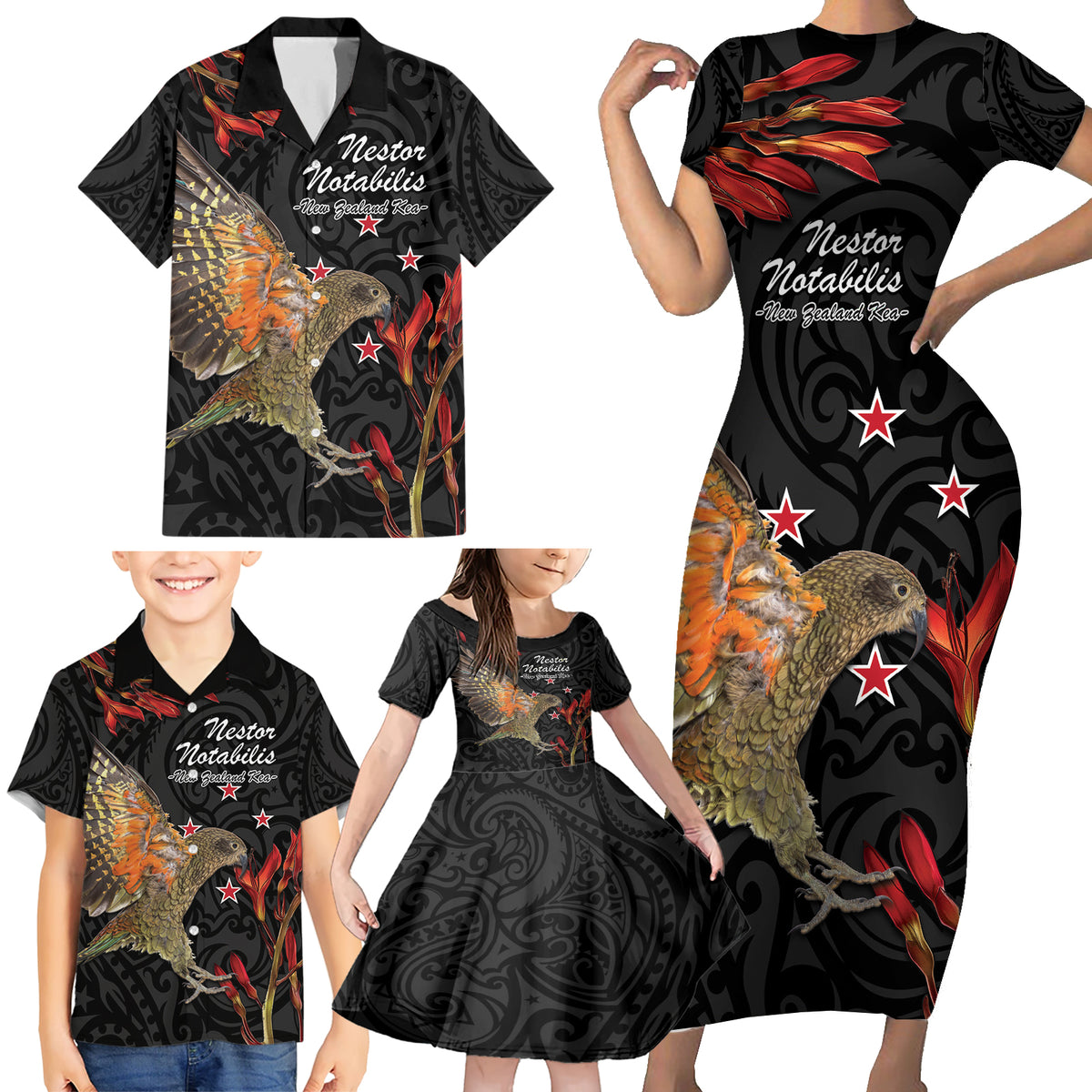 Personalised New Zealand Kea Family Matching Short Sleeve Bodycon Dress and Hawaiian Shirt Nestor Notabilis With Harakeke Maori Pattern LT14 - Polynesian Pride