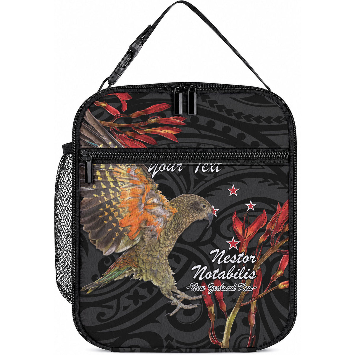 Personalised New Zealand Kea Lunch Bag Nestor Notabilis With Harakeke Maori Pattern LT14 10.2 × 8.3 × 4.3 inch Black - Polynesian Pride