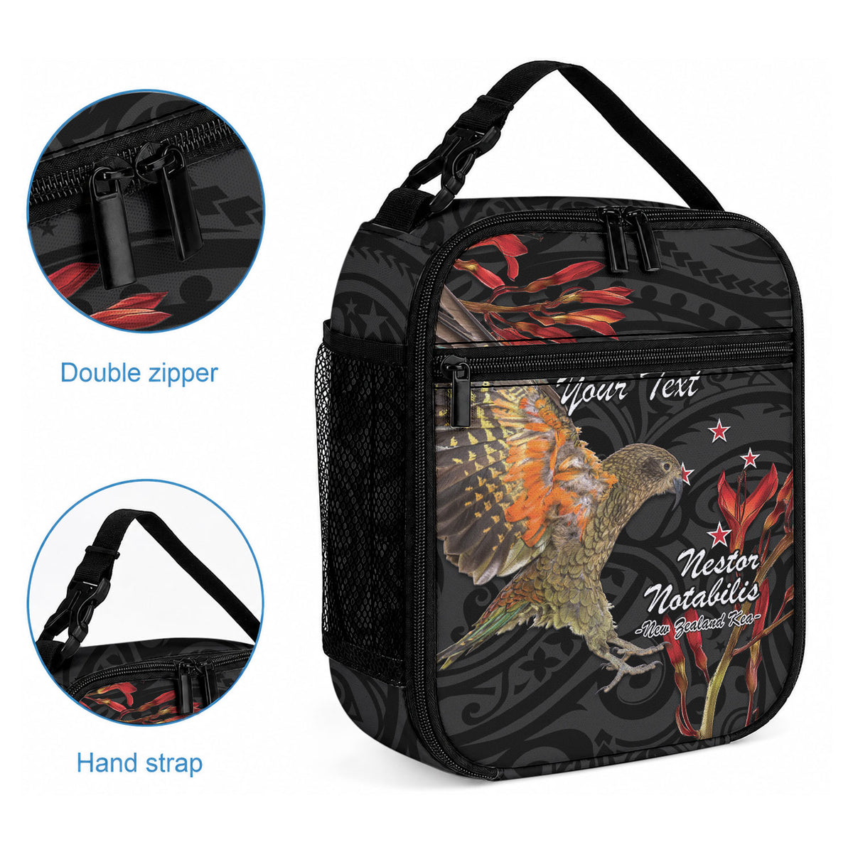 Personalised New Zealand Kea Lunch Bag Nestor Notabilis With Harakeke Maori Pattern LT14 - Polynesian Pride