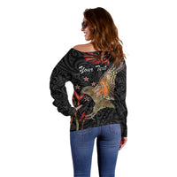 Personalised New Zealand Kea Off Shoulder Sweater Nestor Notabilis With Harakeke Maori Pattern