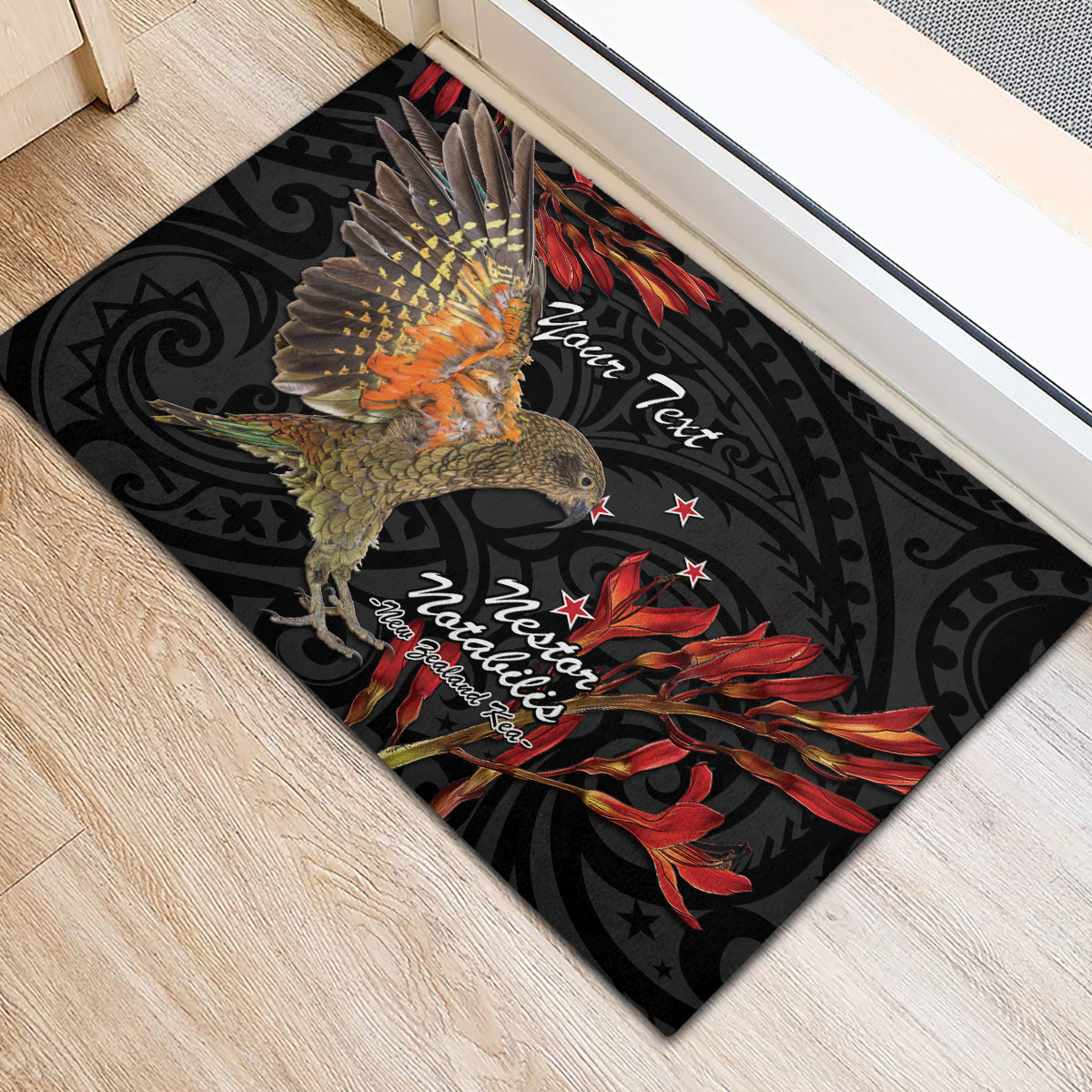 Personalised New Zealand Kea Rubber Doormat Nestor Notabilis With Harakeke Maori Pattern