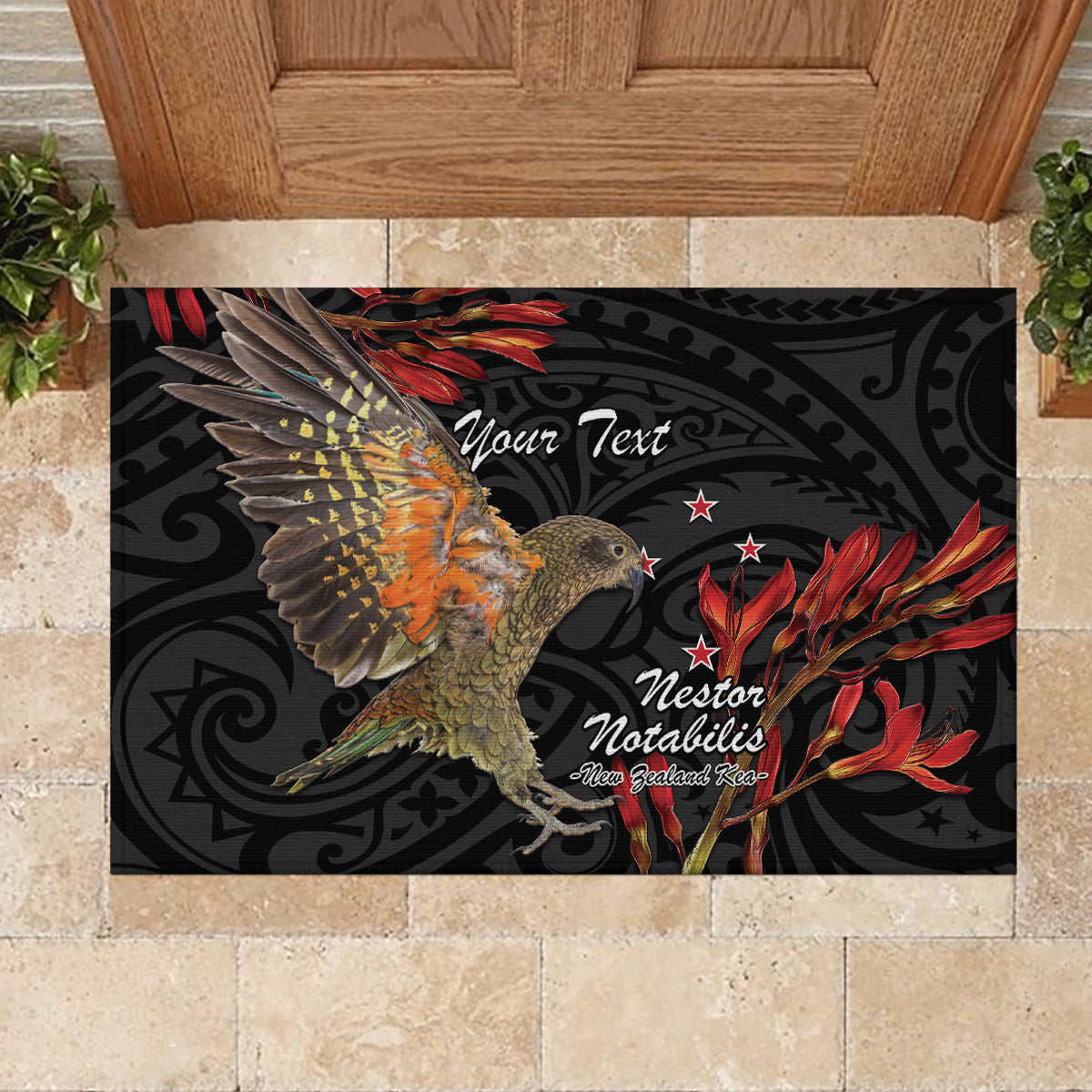 Personalised New Zealand Kea Rubber Doormat Nestor Notabilis With Harakeke Maori Pattern