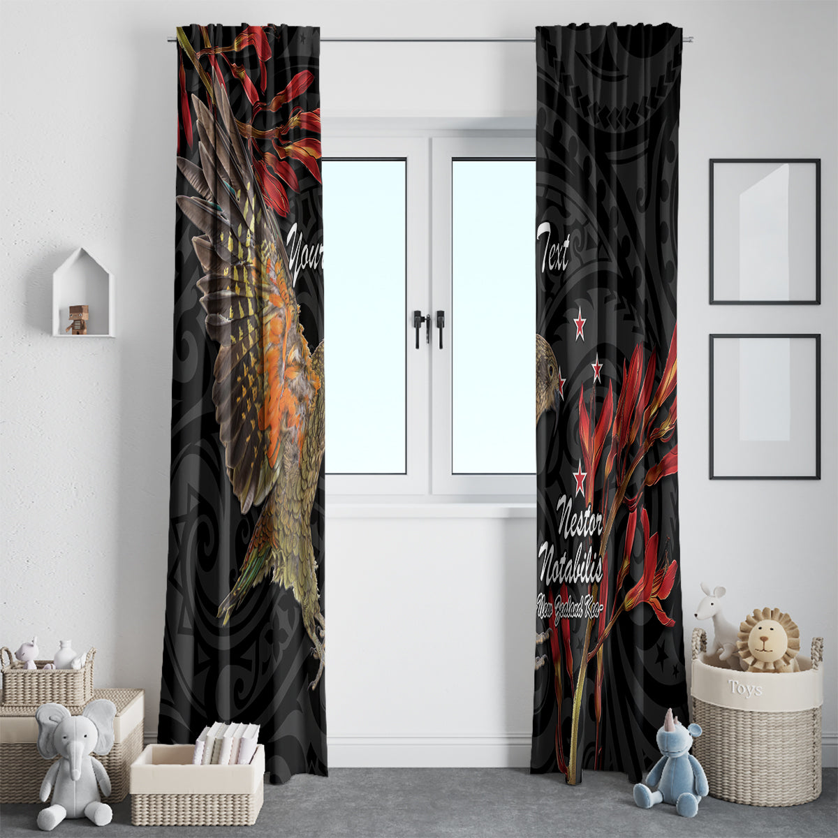 Personalised New Zealand Kea Window Curtain Nestor Notabilis With Harakeke Maori Pattern
