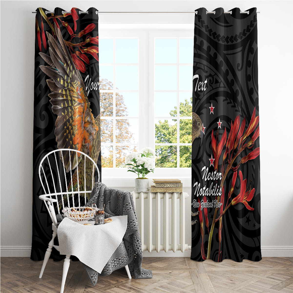 Personalised New Zealand Kea Window Curtain Nestor Notabilis With Harakeke Maori Pattern