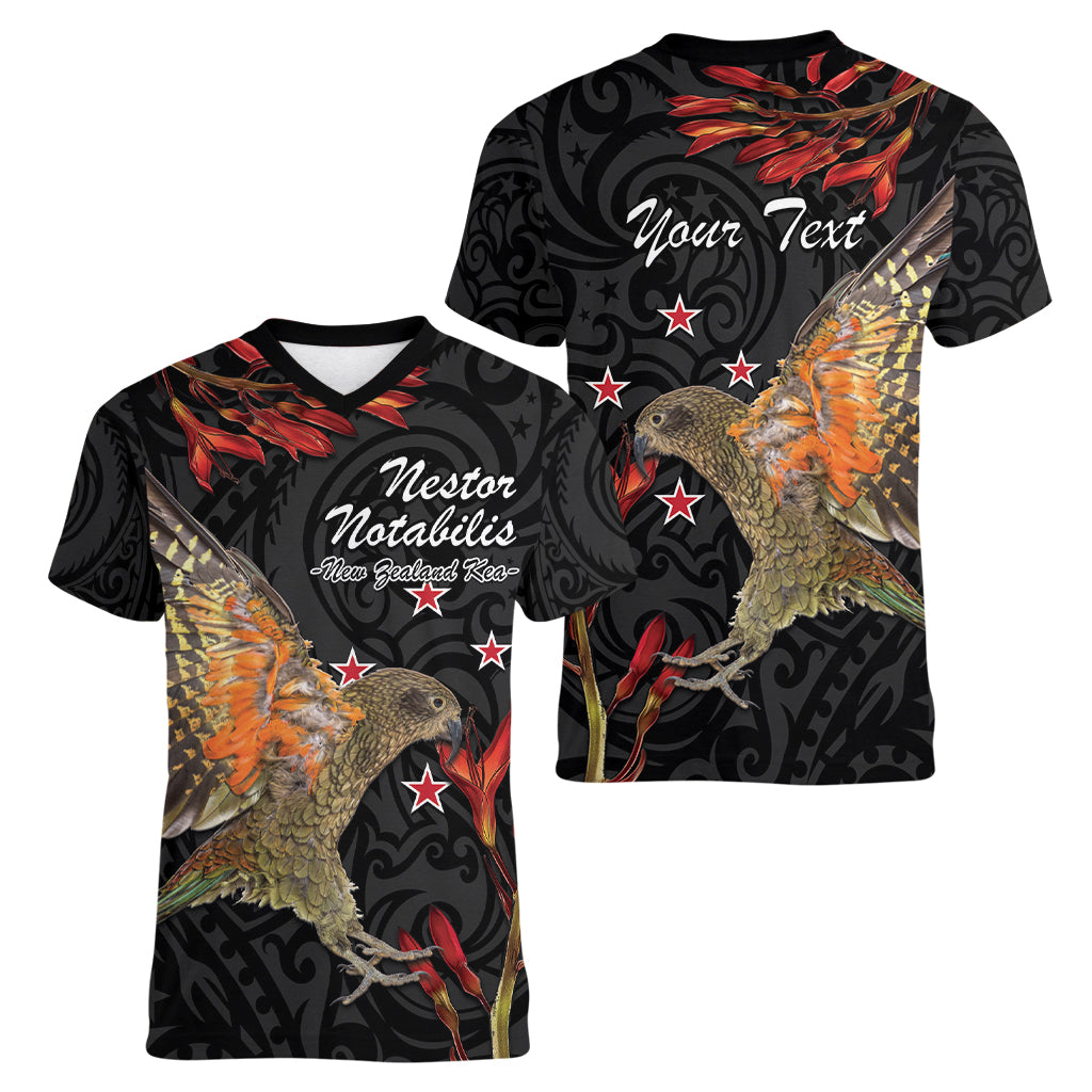 Personalised New Zealand Kea Women V-Neck T-Shirt Nestor Notabilis With Harakeke Maori Pattern