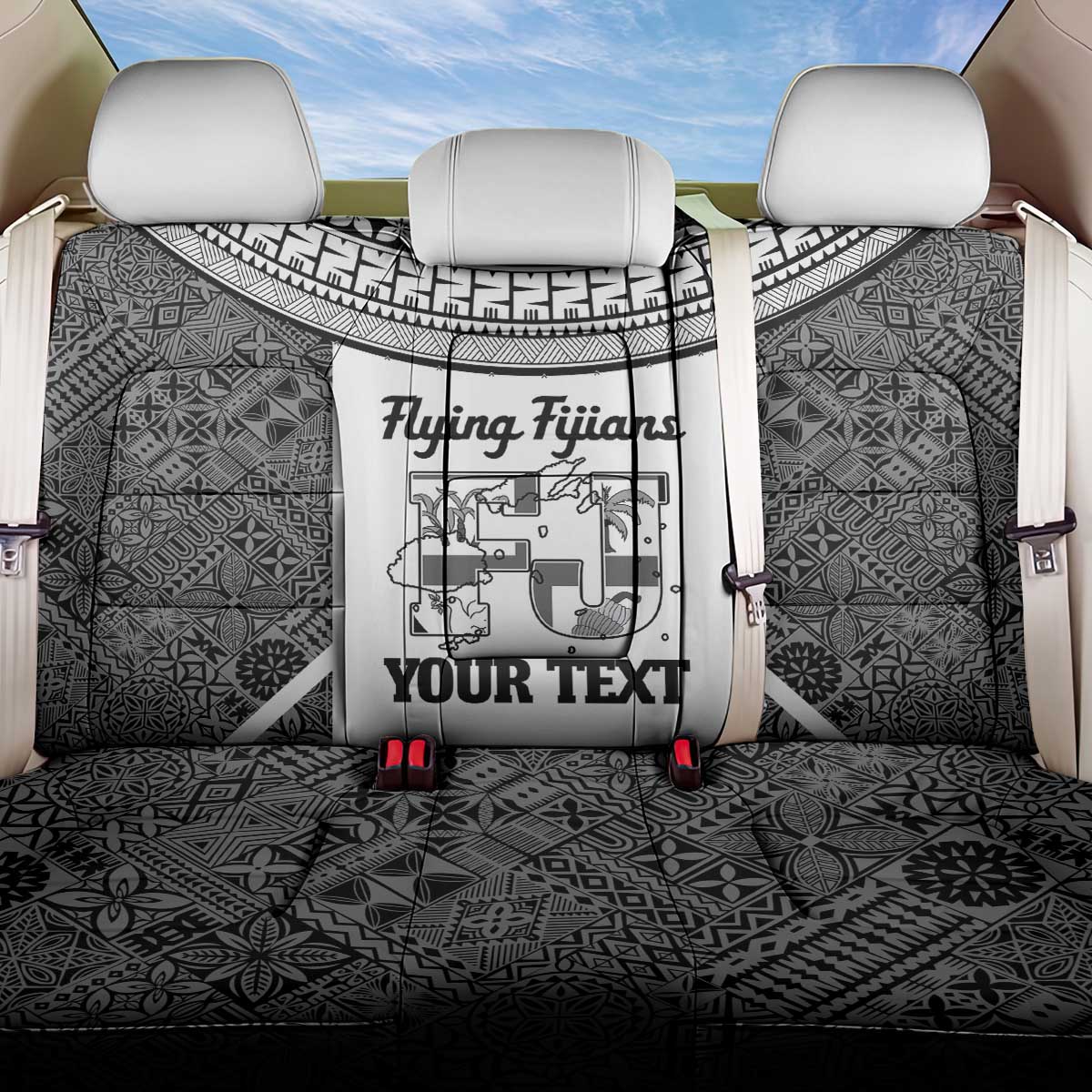 Custom Fiji Tapa Rugby Back Car Seat Cover Flying Fijian Black And White Version