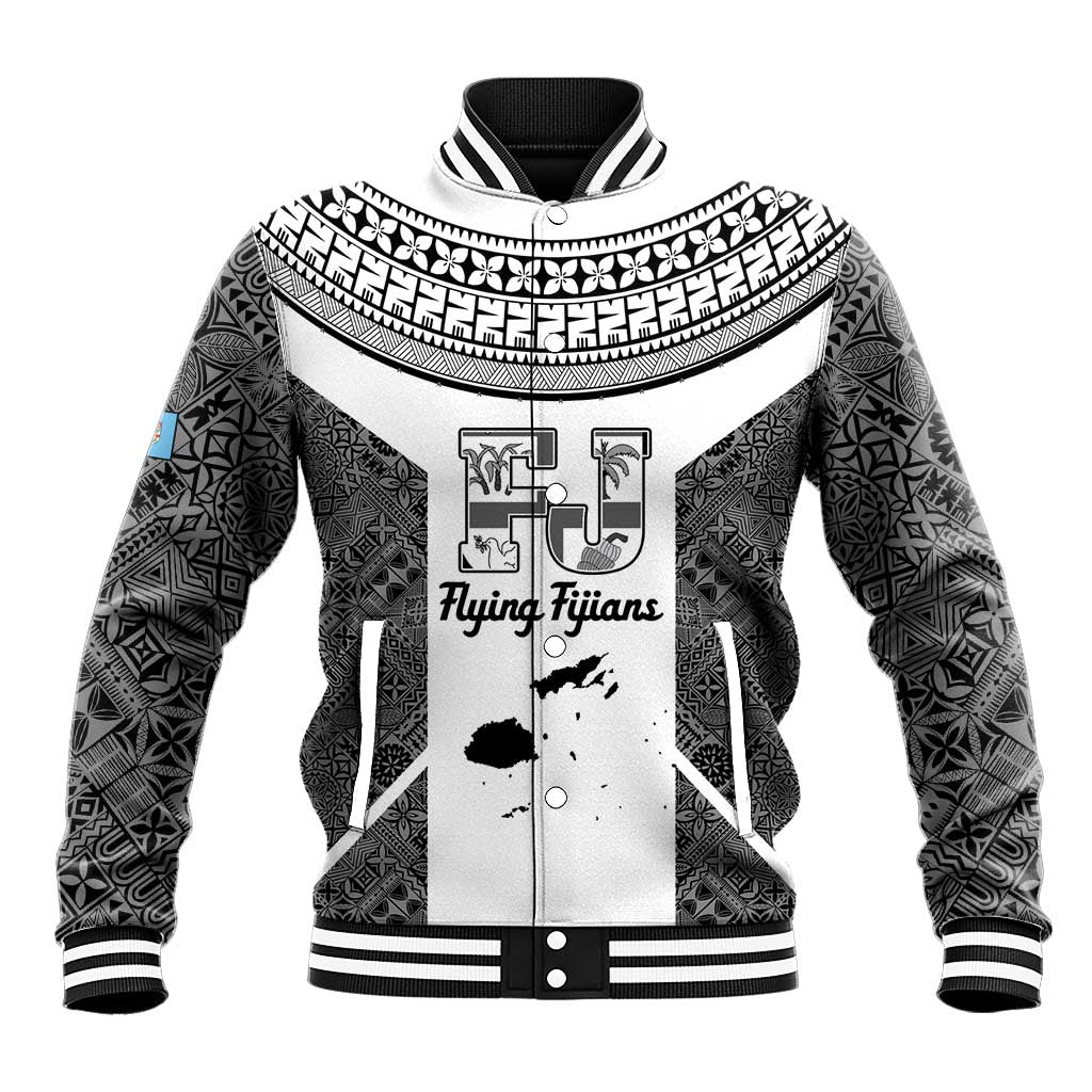 Custom Fiji Tapa Rugby Baseball Jacket Flying Fijian Black And White Version