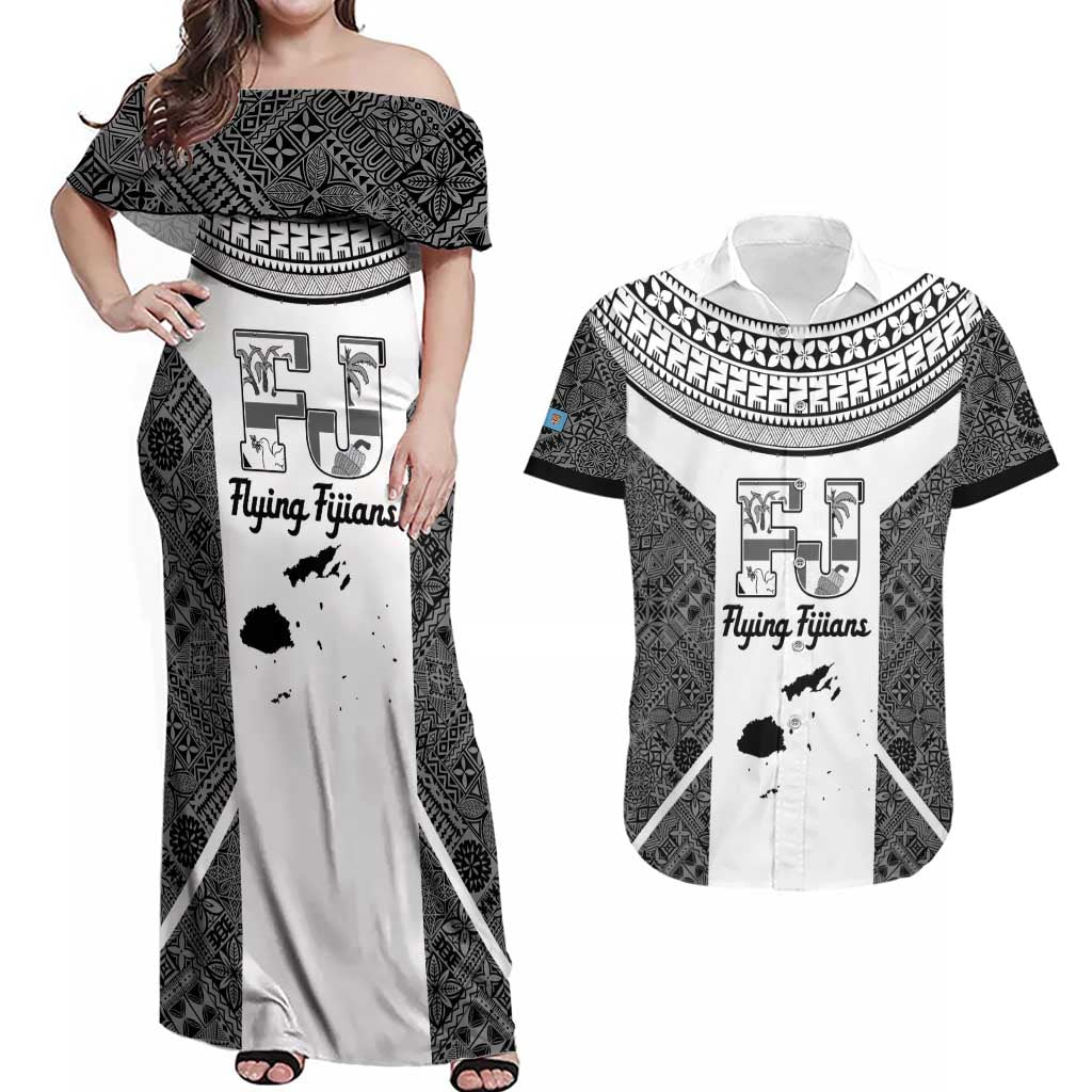 Custom Fiji Tapa Rugby Couples Matching Off Shoulder Maxi Dress and Hawaiian Shirt Flying Fijian Black And White Version