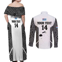 Custom Fiji Tapa Rugby Couples Matching Off Shoulder Maxi Dress and Long Sleeve Button Shirt Flying Fijian Black And White Version