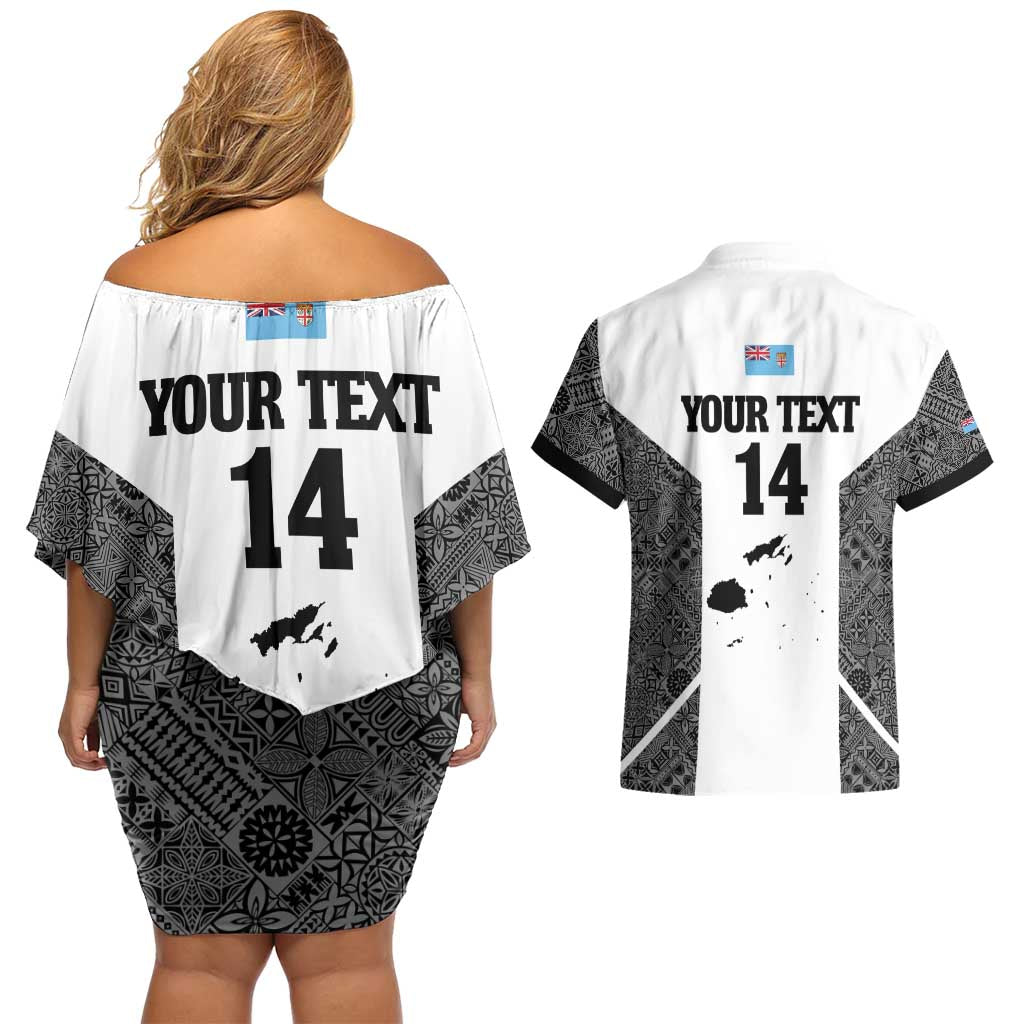 Custom Fiji Tapa Rugby Couples Matching Off Shoulder Short Dress and Hawaiian Shirt Flying Fijian Black And White Version