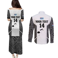 Custom Fiji Tapa Rugby Couples Matching Puletasi and Long Sleeve Button Shirt Flying Fijian Black And White Version