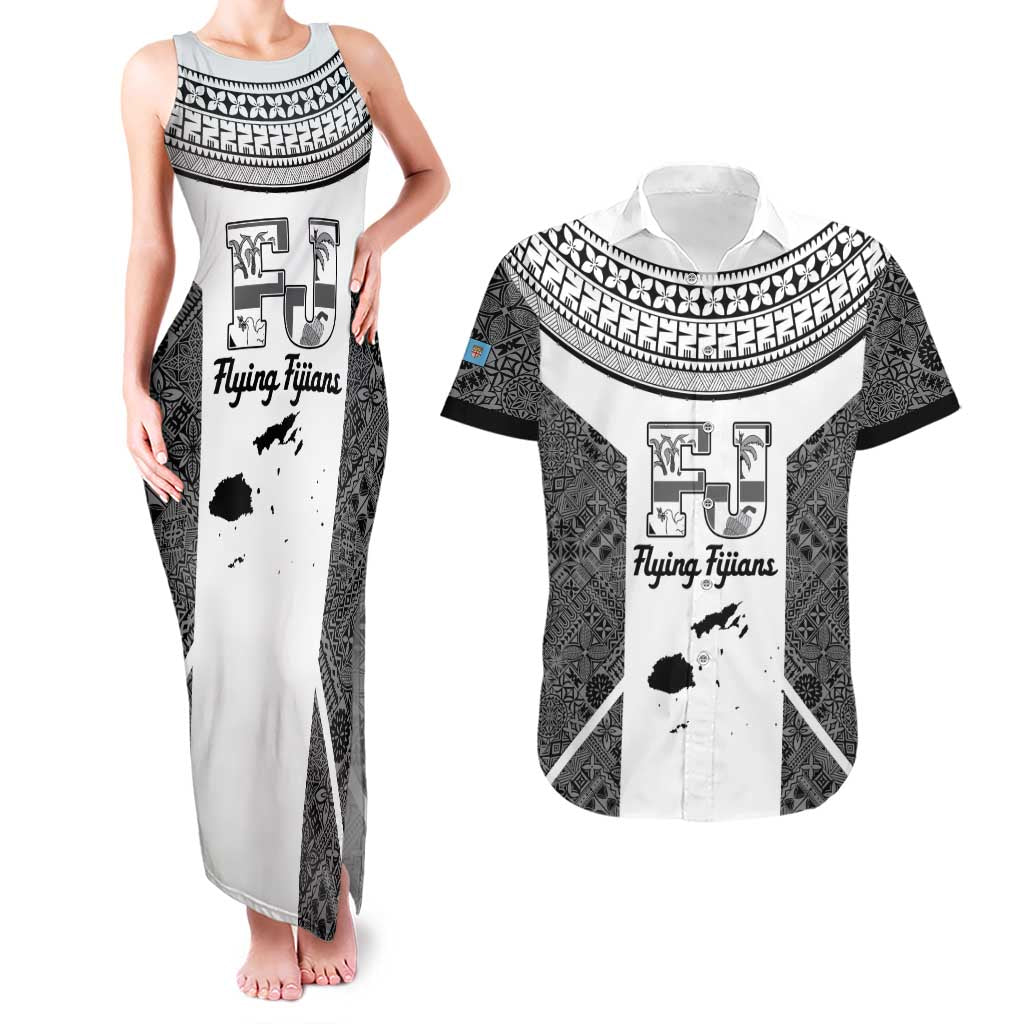 Custom Fiji Tapa Rugby Couples Matching Tank Maxi Dress and Hawaiian Shirt Flying Fijian Black And White Version