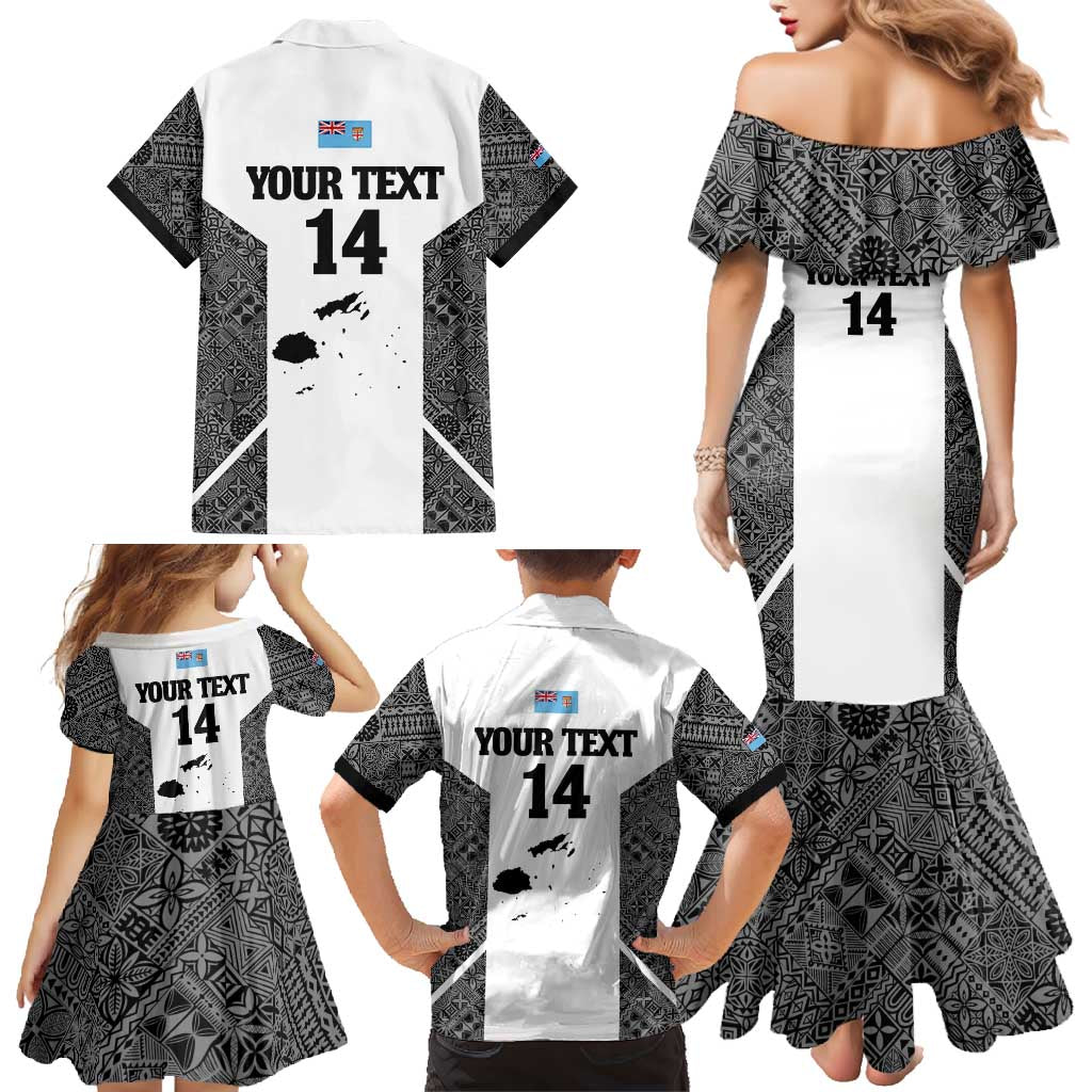 Custom Fiji Tapa Rugby Family Matching Mermaid Dress and Hawaiian Shirt Flying Fijian Black And White Version